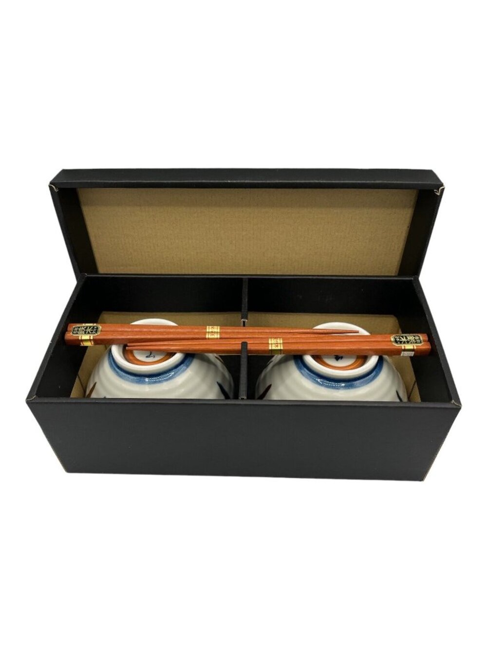 Pair of Japanese Ceramic Rice Soup Noodle Bowls & Chopsticks in Original Box - Picture 10 of 11